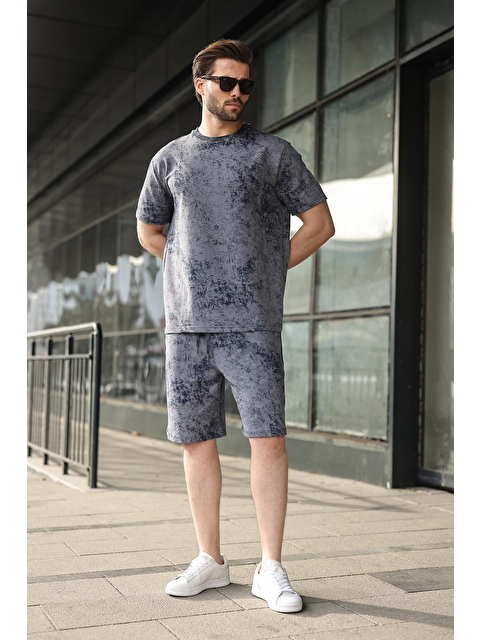 Madmext Lacivert Batik Desenli Overfit Şort T-Shirt Takım E7357