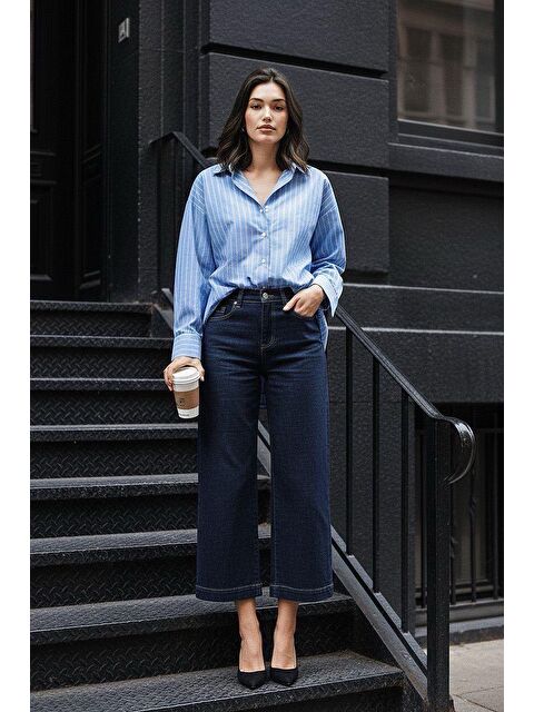 Madmext Lacivert Düz Kesim Geniş Paça Kadın Flared Jean Mg2630 - S000505385-21164