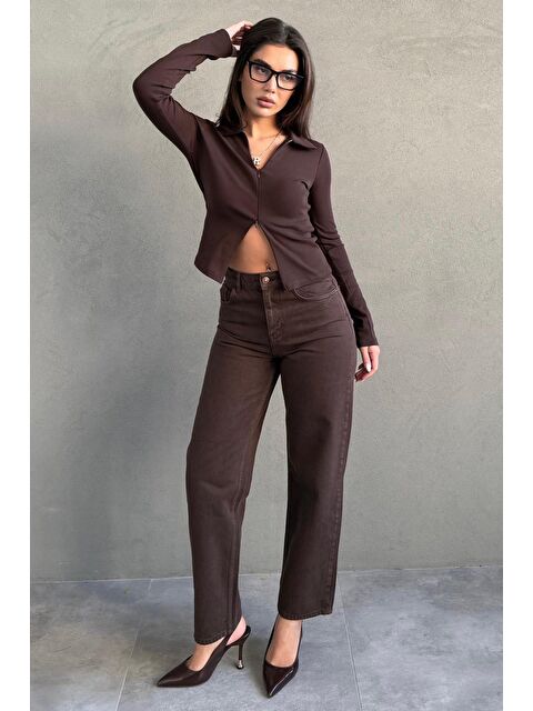 Madmext Kahverengi Yüksek Bel Mom Fit Kadın Jean Mg2654 - S000505387-19413