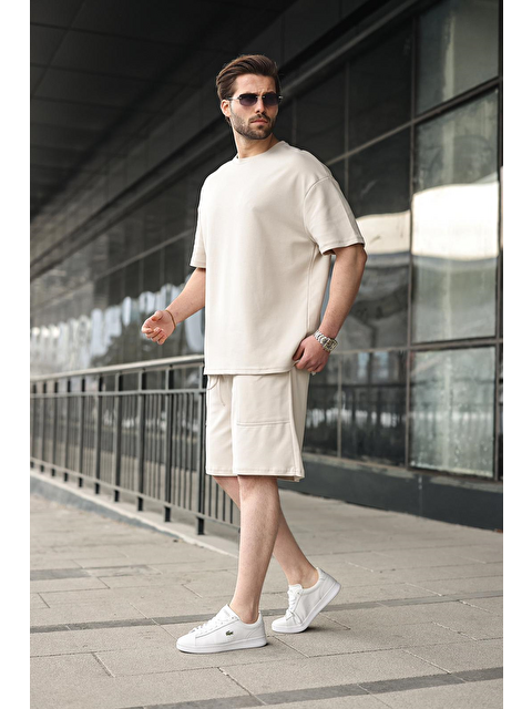 Madmext Taş Rengi Bisiklet Yaka Oversize Erkek Şort T-Shirt Takım E7355