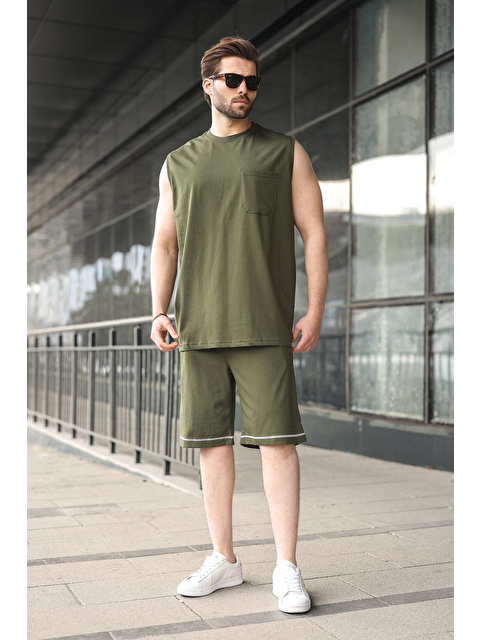 Madmext Haki Bisiklet Yaka Kolsuz Erkek Şort T-Shirt Takım E7351