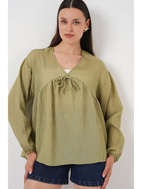 Bigdart Kadın Önü Bağcıklı Uzun Kol Bluz 946 - Çağla - S000389269-5236