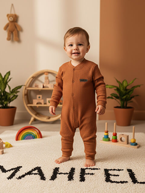 Mahfel %100 Pamuklu Fitilli Bebek Tulum Salopet Çikolata - S000511240-20637