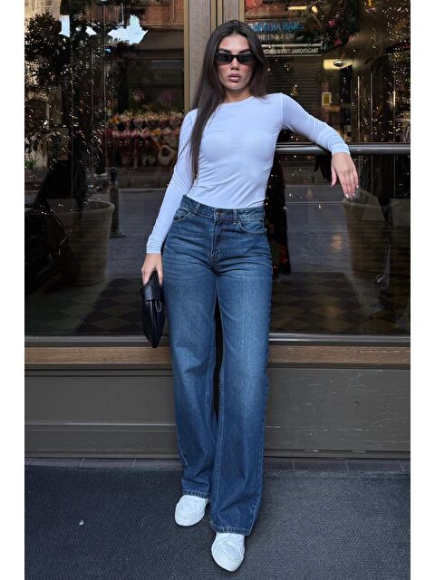 Madmext Mavi %100Pamuklu Geniş Paça Yüksek Bel Kadın Wide Leg Jean Mg2623 - S000505389-17234