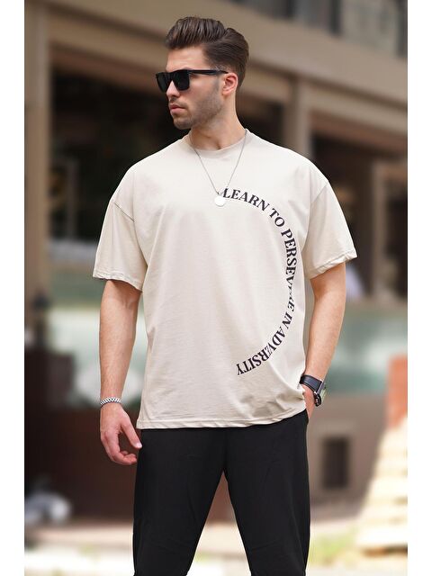 Madmext Bej Bisiklet Yaka Baskılı Kısa Kollu Overfit %100 Pamuk Tişört 7040 - S000234378-19928