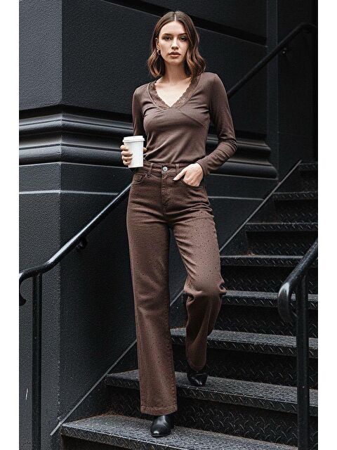 Madmext Kahverengi Yüksek Bel Elastanlı Taşlı Kadın Jean Pantolon Mg2271 - S000346053-19413