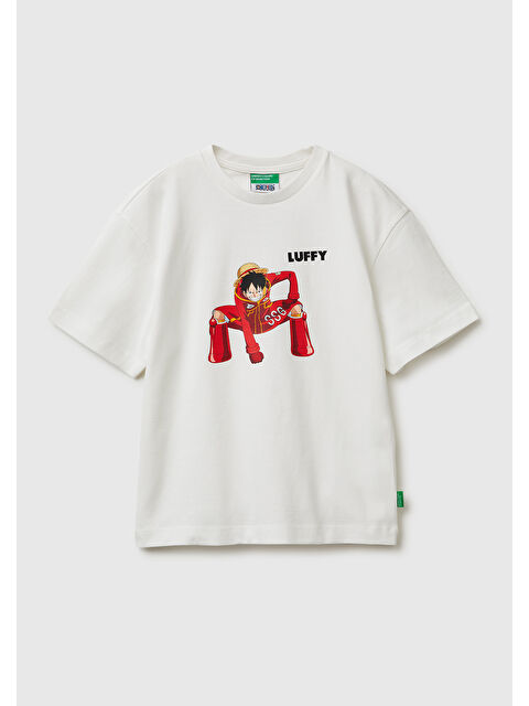 United Colors Of Benetton Erkek Çocuk Ekru Önü ve Arkası One Piece Baskılı Bisiklet Yaka T-Shirt