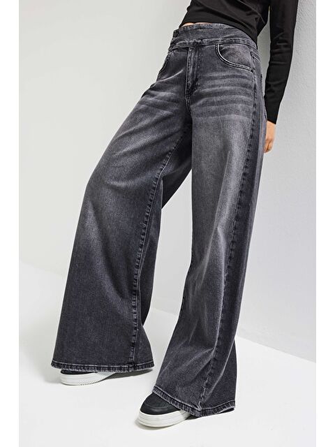 It's Basic Kadın Füme 4s6-14 Palazzo Fit Kemer Detaylı Elastan Kumaş Denim Jean