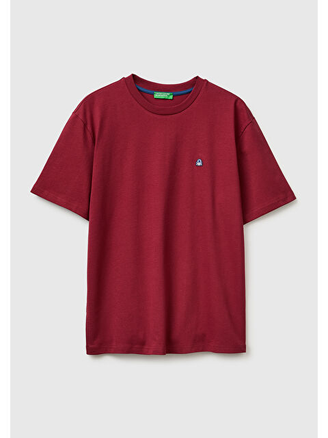 United Colors Of Benetton Erkek Bordo %100 Pamuk Logolu Bisiklet Yaka T-Shirt