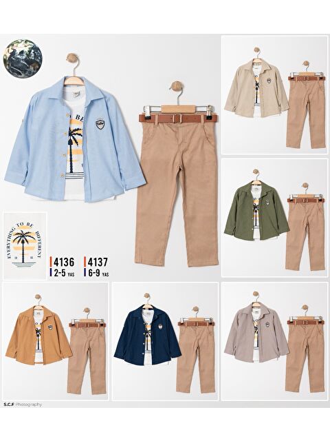 Mnk Baby & Kids Palmiye Baskılı Tişört , Gömlek Ve Pantolon Takım MNK4136 - S000500177-21164