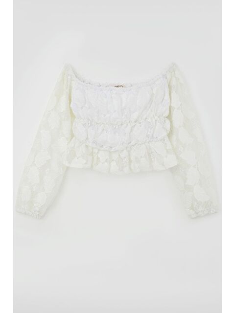 Breeze Kız Çocuk Uzun Kollu Dantelli Crop Bluz Yaprak Desenli Beyaz (9-14 Yaş) - S000490215-20063