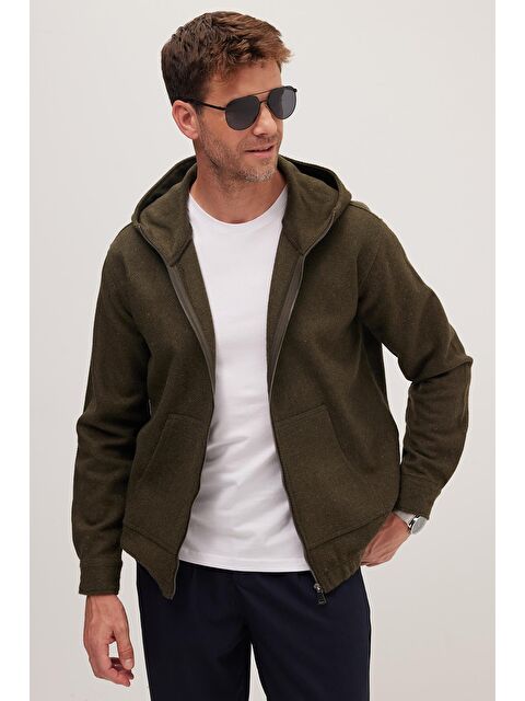 TUDORS Erkek Relax Fit Rahat Kesim Fermuarlı Çift Cep Kapüşonlu Haki Sweatshirt - S000518873-18547