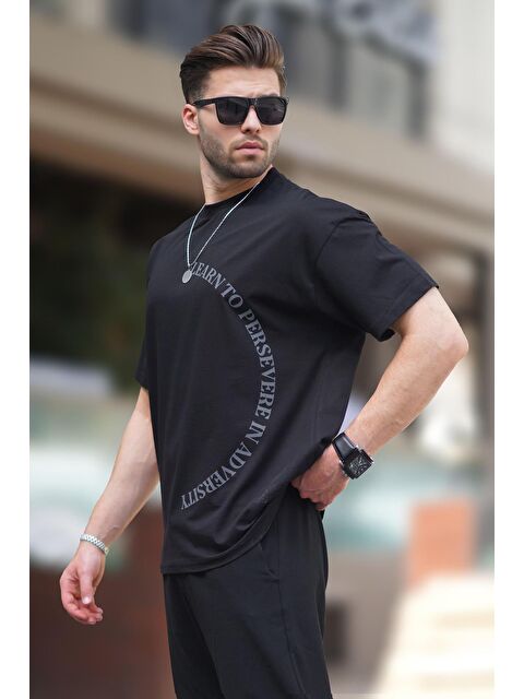 Madmext Siyah Bisiklet Yaka Baskılı Kısa Kollu Overfit %100 Pamuk Tişört 7040 - S000234378-19351