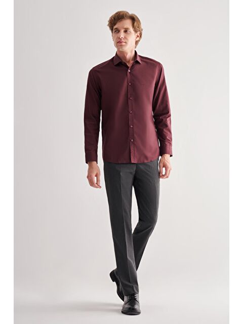 İMZA Bordo Yarım İtalyan Yaka Uzun Kol Slim Fit Pamuklu Gömlek 1004255180 - S000447884-19951