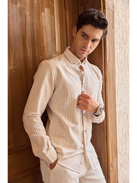 Livio Ferri Senoc Erkek Gömlek Modern Slim Fit Keten Görünümlü Kalın Çizgili