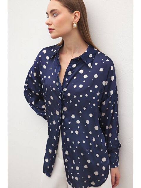 SATEEN Puantiyeli Gömlek - Lacivert - S000527046-21164