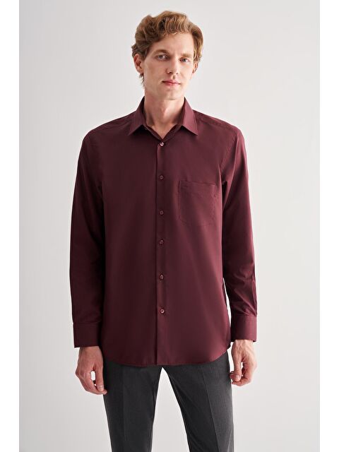 İMZA Bordo Sert Yaka Uzun Kol Easy To Iron Comfort Fit Pamuklu Gömlek 1004255182 - S000447885-19951