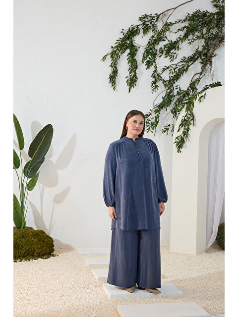 AKER Lacivert Büzgü Lastik Detaylı Tunik