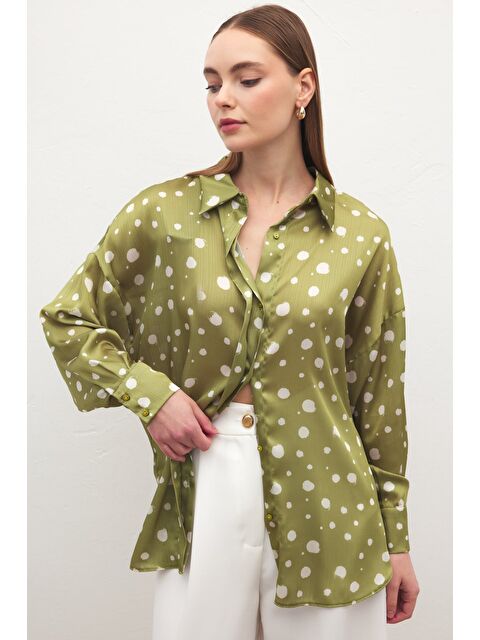 SATEEN Puantiyeli Gömlek - Yağ Yeşili - S000527046-16580