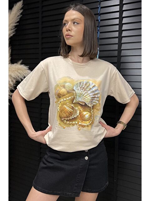 Gülseli Baskılı Taş Detaylı Kadın Tişört - S000386507-19928