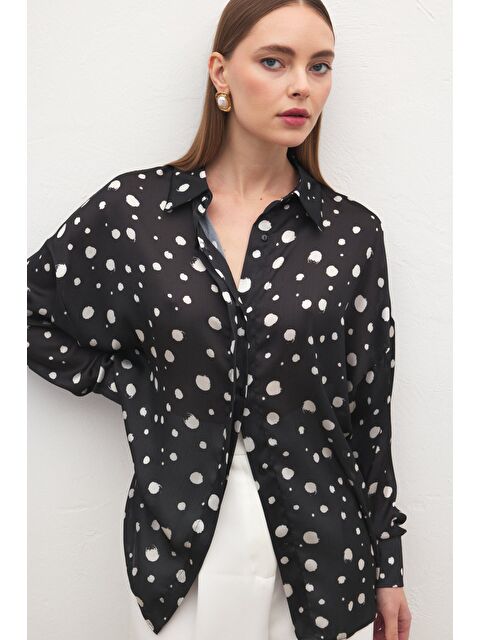 SATEEN Puantiyeli Gömlek - Siyah - S000527046-19351