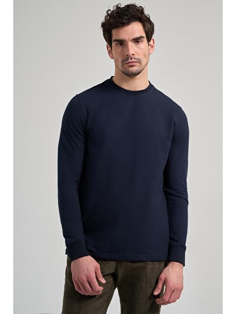 İMZA Koyu Lacivert Uzun Kol Düz Örme Bisiklet Yaka Cepsiz Pamuklu Sweatshirt - S000352296-29672