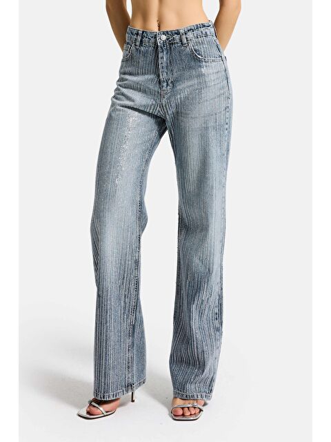 It's Basic Kadın Jean Rengi T-4s6-159 Straight Fit Ful Arka ve Ön Özel Parlak Taşlı Tasarım Denim Jean - S000516624-17234