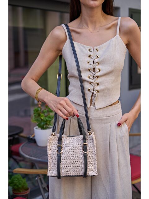 MADAMRA Hasır Detaylı Tokalı  El Ve Omuz Çantası Krem- Siyah - S000387007-19351