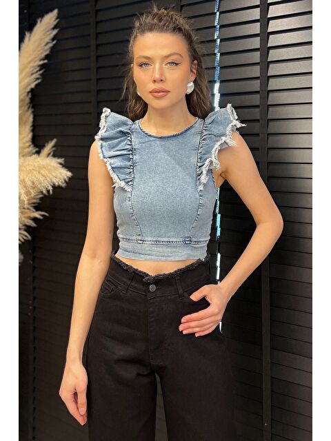 Gülseli Kadın Omuz Fırfırlı Sırt Fermuarlı Jean Jean Bluz - S000386508-17234