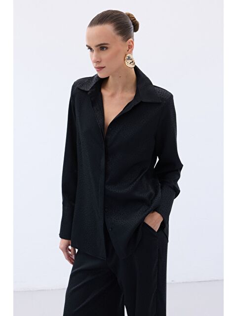 SATEEN Jakarlı Düz Gömlek - Siyah - S000459282-19351