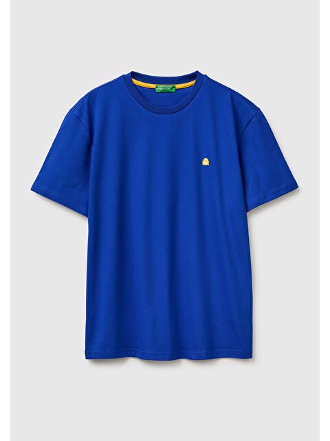 United Colors Of Benetton Erkek Saks Mavi %100 Pamuk Logolu Bisiklet Yaka T-Shirt