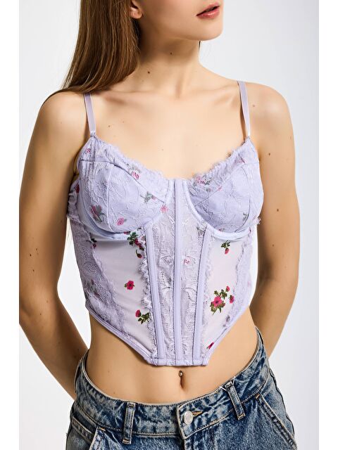 It's Basic Kadın Lila w5 Balenli Dantel Çiçek Desenli Özel Tasarım Askılı Büstiyer - S000516626-20042