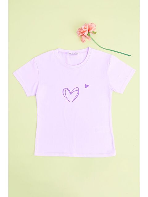 Fullamoda Kalp Baskılı Bisiklet Yaka Kız Çocuk Tişört