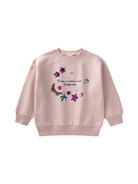 CİGİT Pullu Ay Yıldız Nakışlı Sweatshirt 2-8 Yaş Pudra Pembe - S000513366-23490