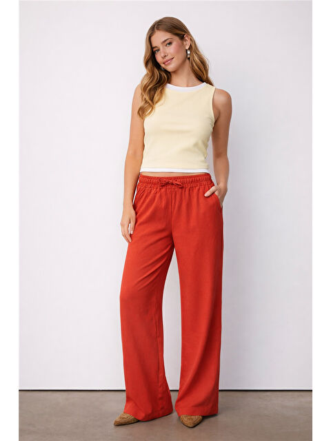 Fashion Friends Pamuk ve Keten Karışımlı Yüksek Bel Kadın Pantolon 26Y0608K1