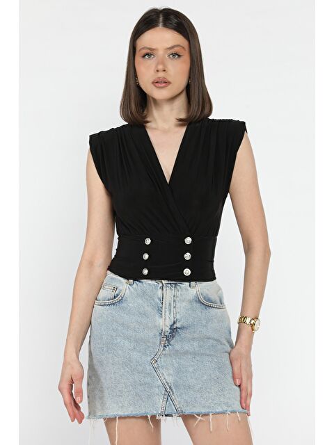 Gülseli Kadın Kruvaze Yaka Düğme Detaylı Pileli Bluz - S000379913-19351