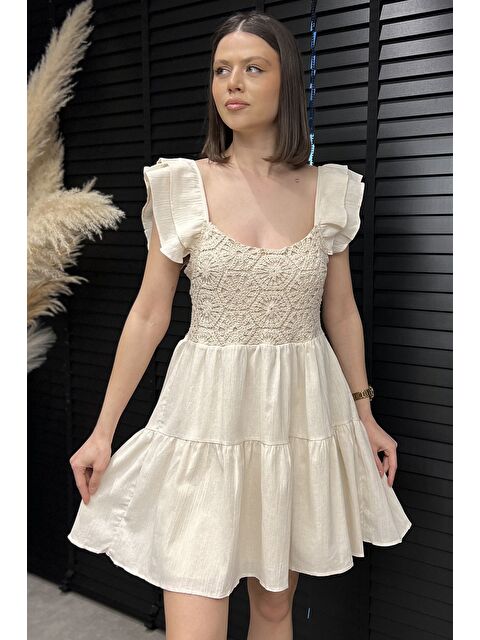 Gülseli Güpürlü Sıfır Kol Keten Elbise - S000386510-25636