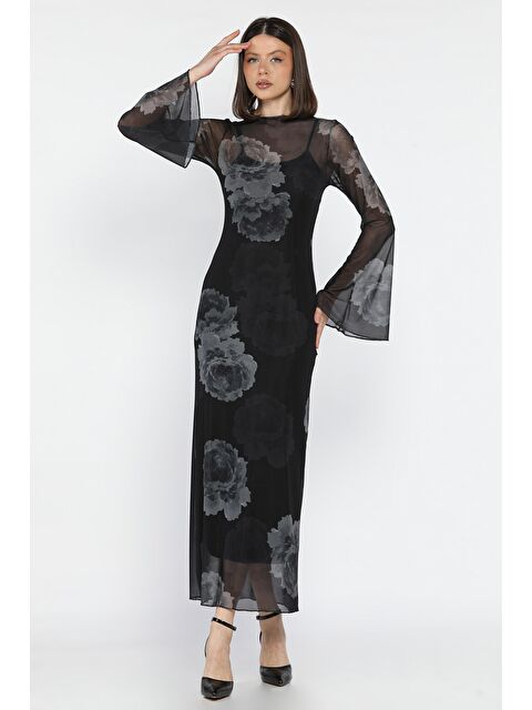 Gülseli Gül Desenli İçlik Kombinli Tül Elbise - S000386511-37430