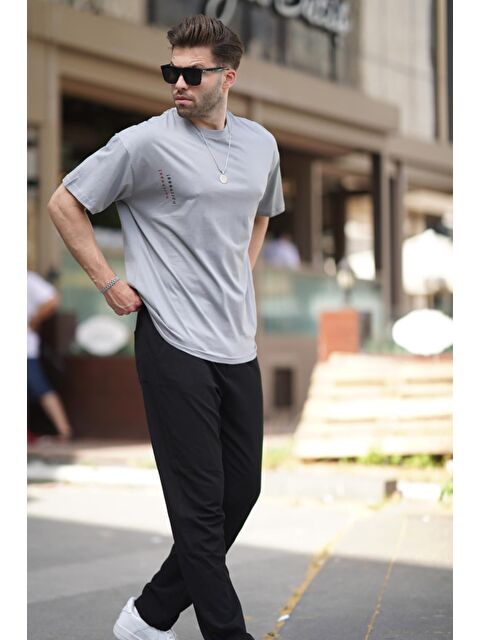 Madmext Boyalı Gri Bisiklet Yaka Baskılı Kısa Kollu Overfit %100 Pamuk Tişört 7036 - S000234379-22875