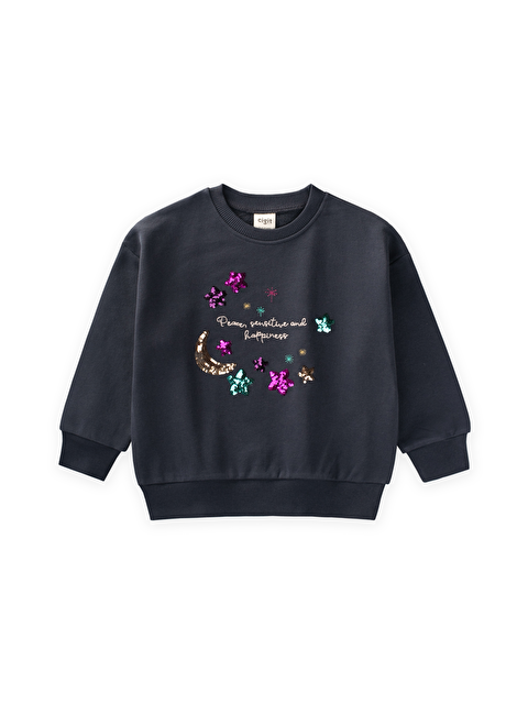 CİGİT Pullu Ay Yıldız Nakışlı Sweatshirt 2-8 Yaş Antrasit - S000513366-29666