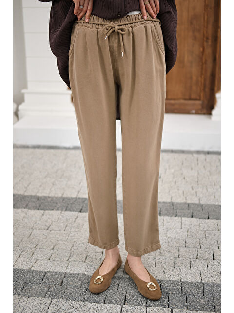 Locco Moda Kadın İp Kemerli Bol Paça Pike Pantolon Vizon