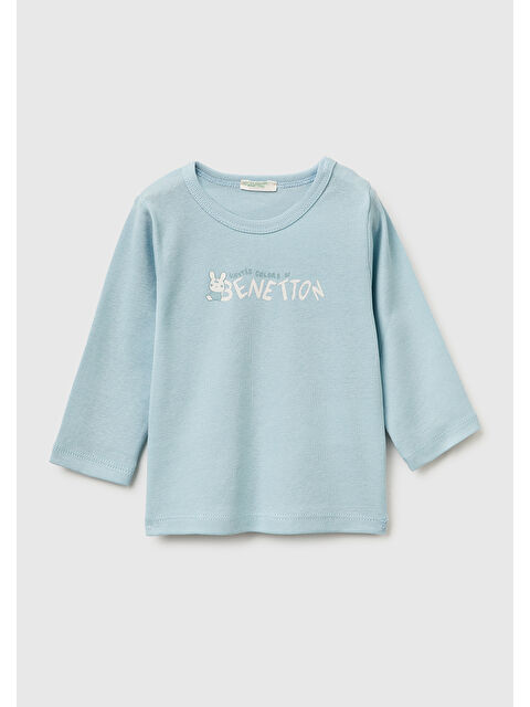 United Colors Of Benetton Bebek Buz Mavisi Su Bazlı Logo Baskılı Omzu Gizli Çıtçıtlı Uzun Kollu T-Shirt - S000517348-3053