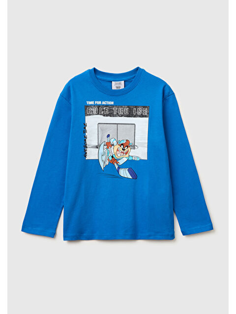 United Colors Of Benetton Erkek Çocuk Mavi Baskılı Bisiklet Yaka Uzun Kollu T-Shirt - S000517316-17234