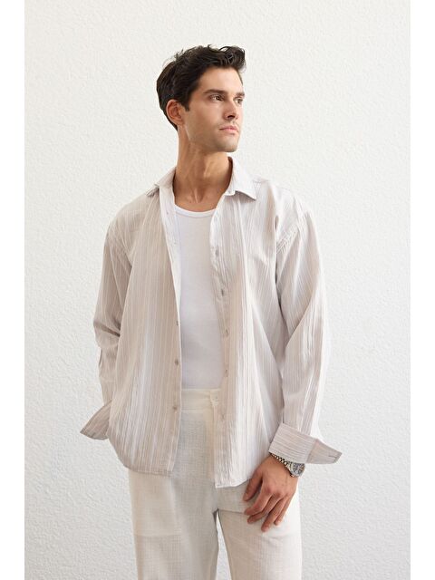 Livio Ferri Tugur Erkek Çizgili Oversize Premium Gömlek Soft Touch Refined Comfort