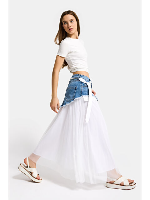 It's Basic Kadın Beyaz Jean Rengi Maxi Boy Kravat Detaylı Özel Tasarım Etek - S000516629-20063