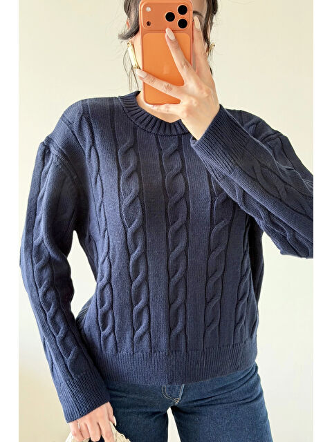 eka Kadın Lacivert Saç Örgü Triko Kazak 1014-2573 - S000490866-21164