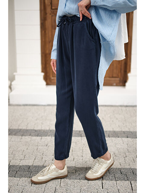 Locco Moda Kadın İp Kemerli Bol Paça Pike Pantolon Lacivert