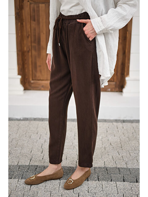 Locco Moda Kadın İp Kemerli Bol Paça Pike Pantolon Kahverengi