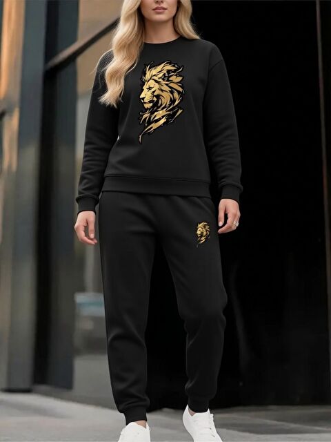 Trendseninle Kadın Tam Siyah Aslan Baskı Alt Üst Uzun Kollu Eşofman Takımı - S000497553-1720