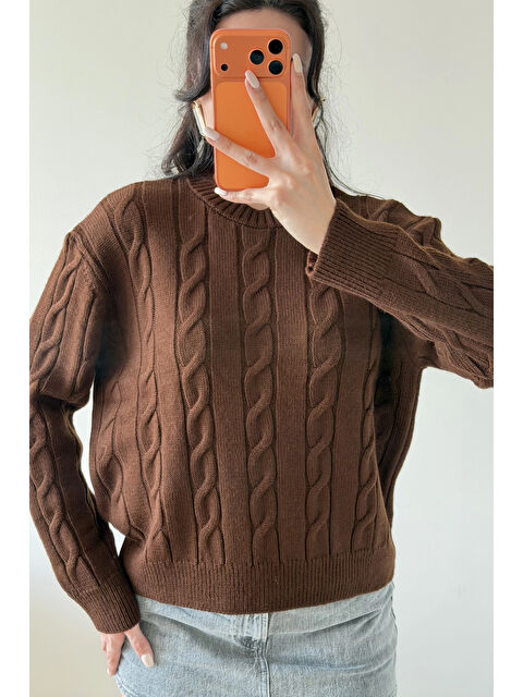 eka Kadın Kahve Saç Örgü Triko Kazak 1014-2573 - S000490866-19413